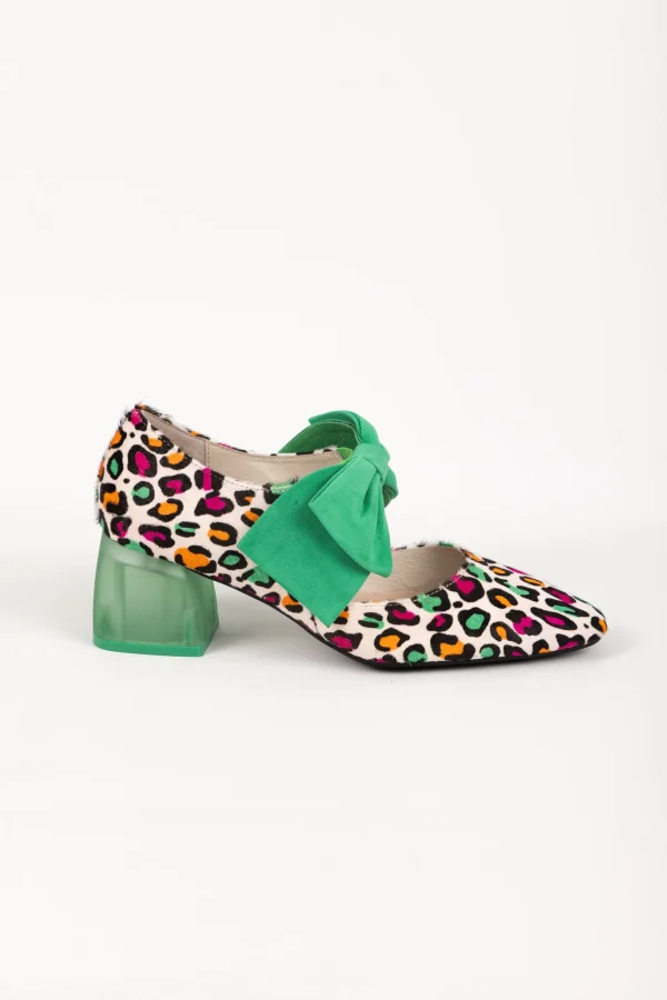 Footwear-DJANGO & JULIETTE MISHA HEEL BRIGHT LEOPARD EMERALD SUEDE