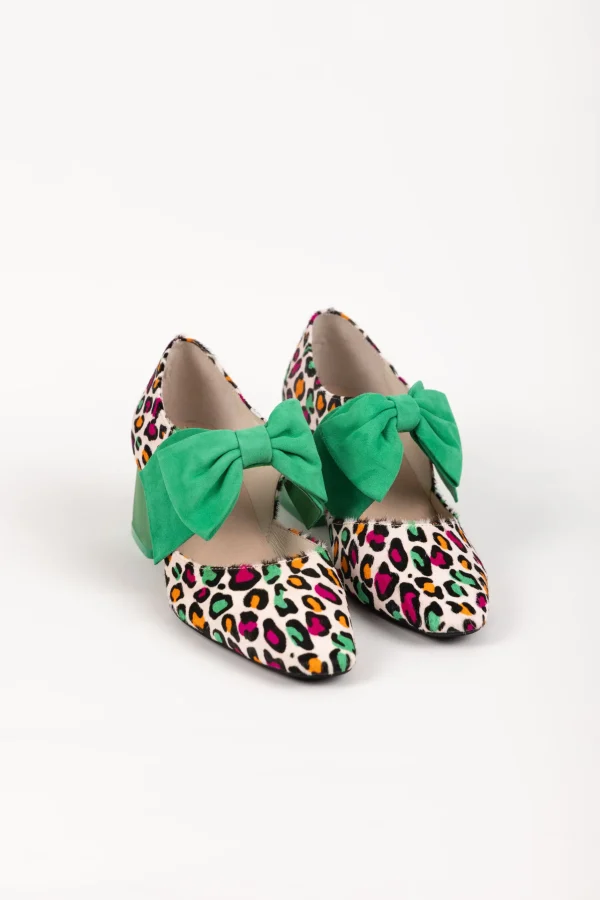 Footwear-DJANGO & JULIETTE MISHA HEEL BRIGHT LEOPARD EMERALD SUEDE