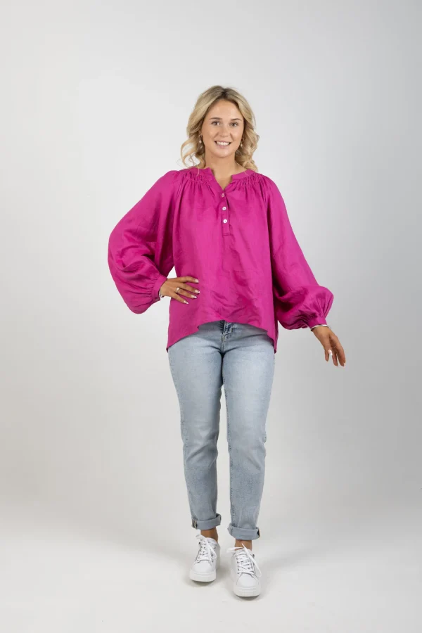 Shirts & Tops-EB&IVE NASHVILLE LINEN BLOUSE MAGENTA