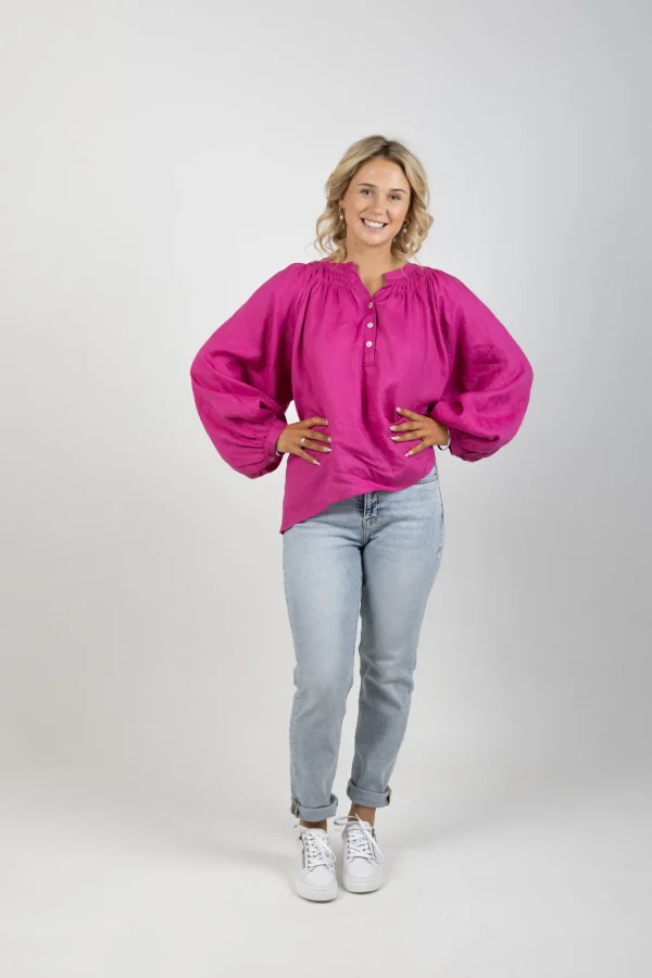 Shirts & Tops-EB&IVE NASHVILLE LINEN BLOUSE MAGENTA