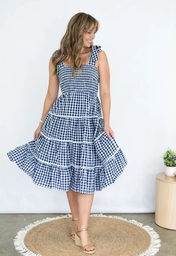 Dresses-FRIA GINGHAM TIER DRESS NAVY