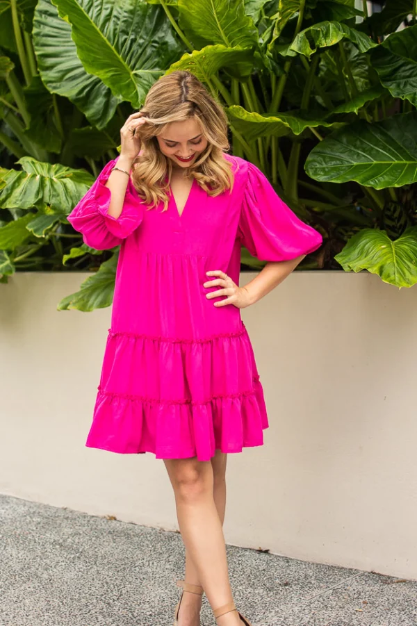 Dresses-FRIA MINI TIERED DRESS HOT PINK