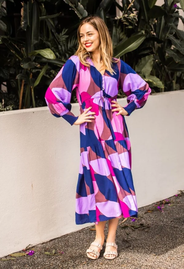 Dresses-FRIA SELMA LONG SLEEVE MAXI DRESS AERA NAVY