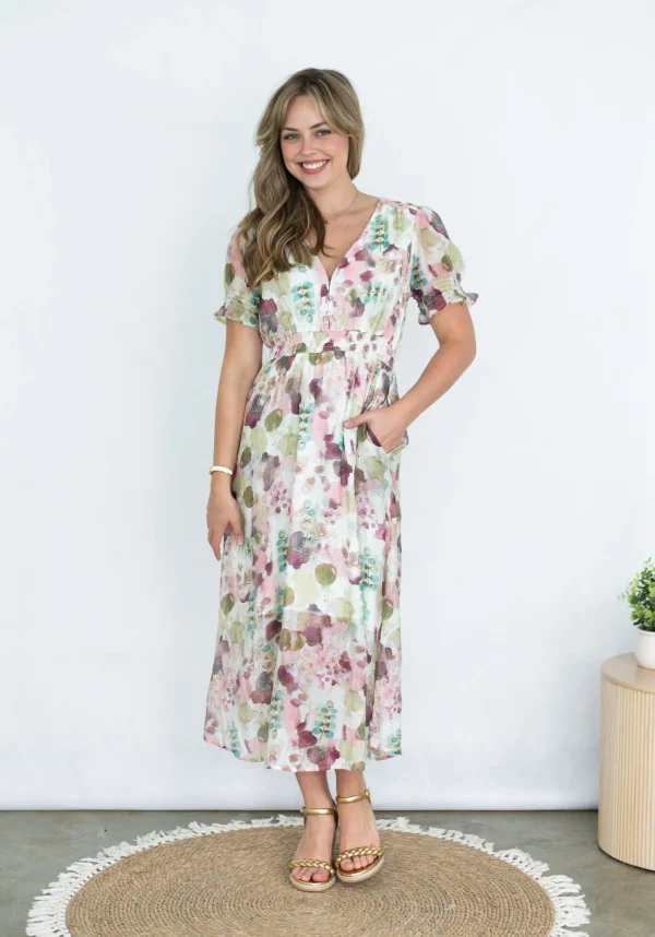 Dresses-FRIA SHIRRING MIDI DRESS WHISPERING PETAL