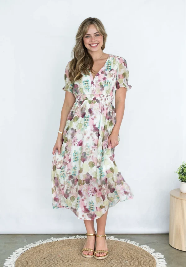 Dresses-FRIA SHIRRING MIDI DRESS WHISPERING PETAL