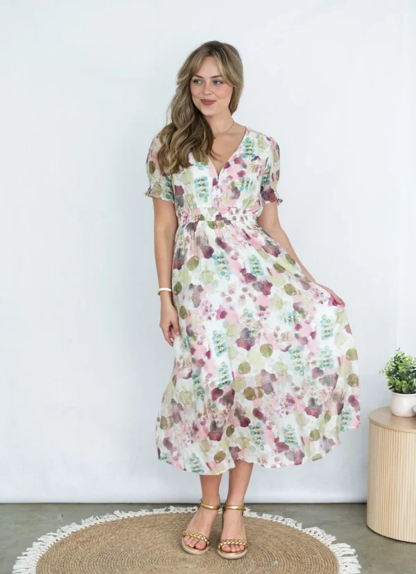 Dresses-FRIA SHIRRING MIDI DRESS WHISPERING PETAL