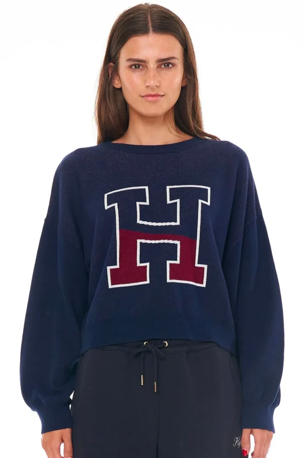 Sweaters & Knitwear-HUFFER 3 BALLER CROP INTARSIA KNIT - NAVY