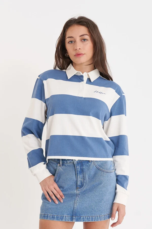 Tees & Tanks-HUFFER BENSON LS BILLY RUGBY CHALK DENIM