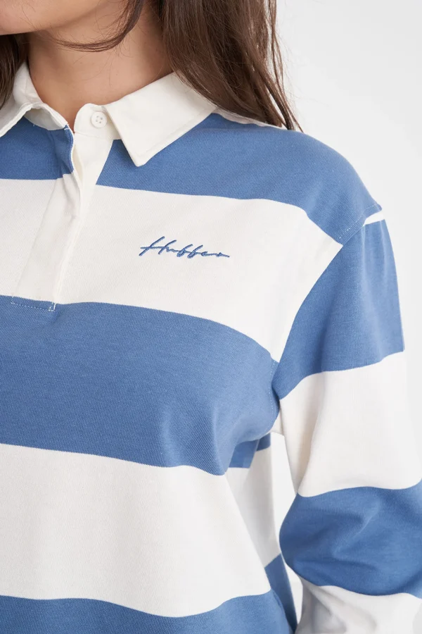 Tees & Tanks-HUFFER BENSON LS BILLY RUGBY CHALK DENIM