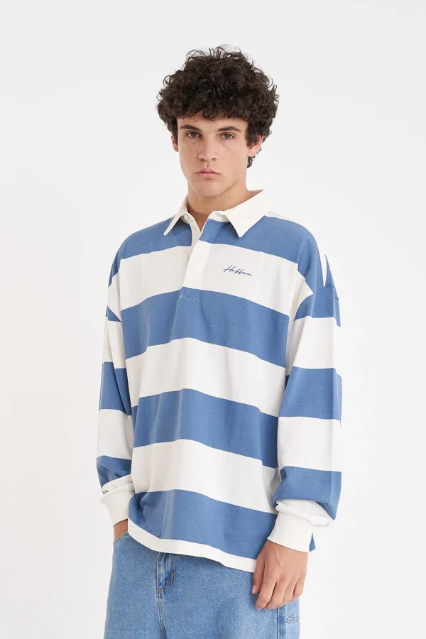 Sweaters & Knitwear-HUFFER BENSON LS GRAND RUGBY CHALK DENIM