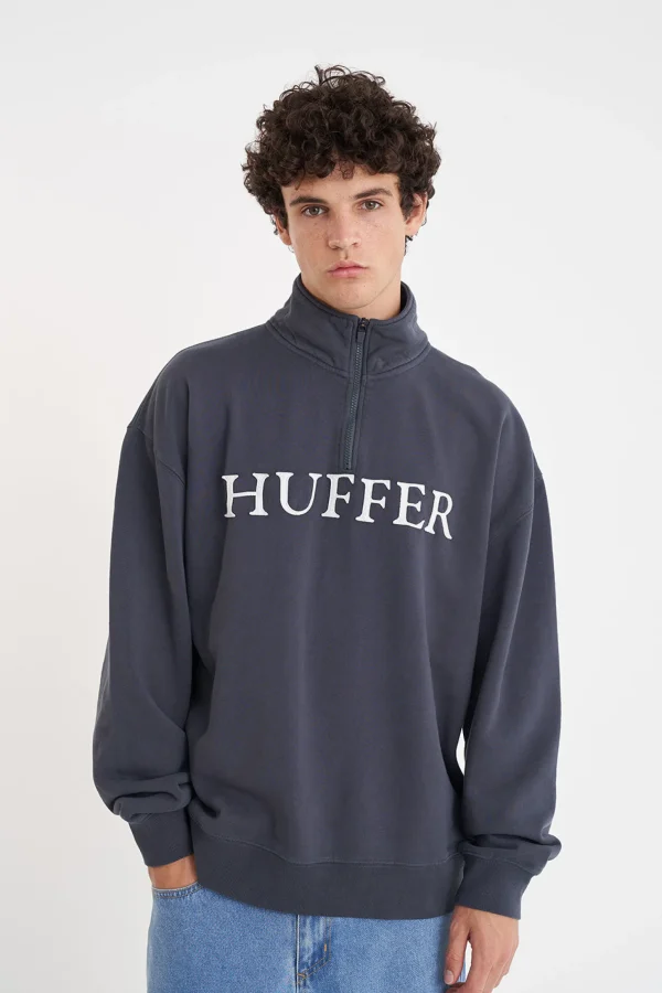 Sweaters & Knitwear-HUFFER BLOCK 1/4 ZIP 350 CASED ASPHALT