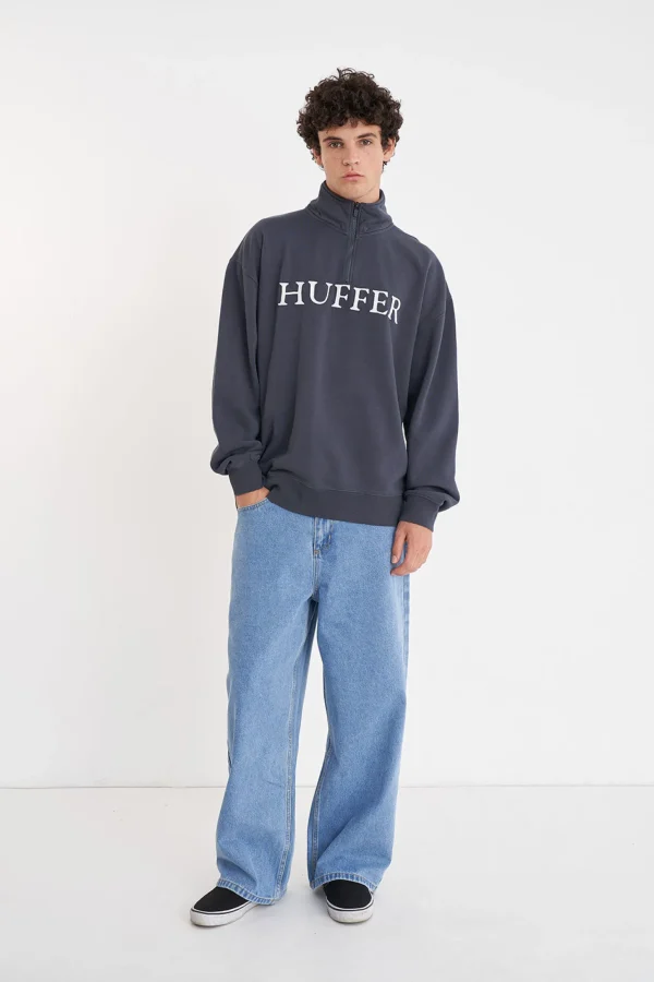 Sweaters & Knitwear-HUFFER BLOCK 1/4 ZIP 350 CASED ASPHALT