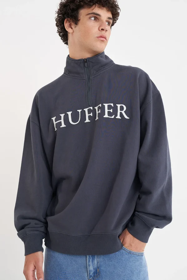 Sweaters & Knitwear-HUFFER BLOCK 1/4 ZIP 350 CASED ASPHALT