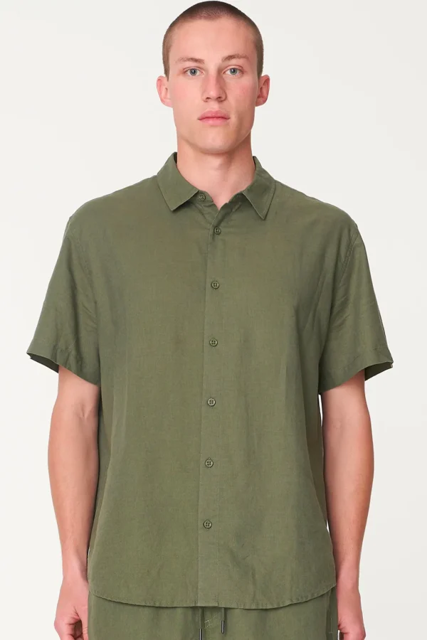 Shirts-HUFFER MENS LIN-IN SS SHIRT KHAKI