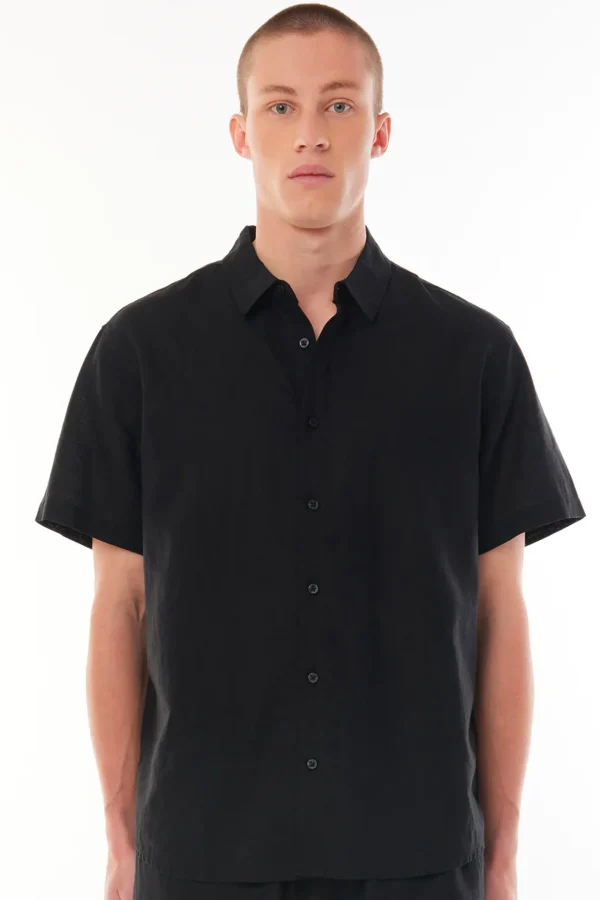 Shirts-HUFFER MENS LIN-IN SS SHIRT BLACK