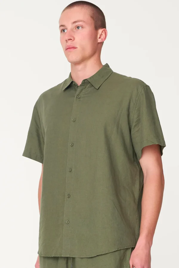 Shirts-HUFFER MENS LIN-IN SS SHIRT KHAKI