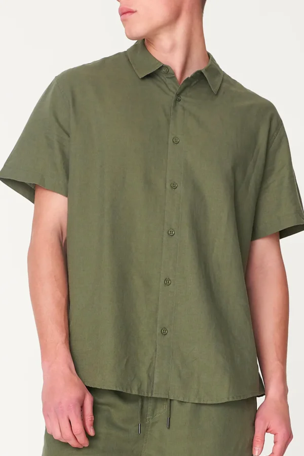 Shirts-HUFFER MENS LIN-IN SS SHIRT KHAKI