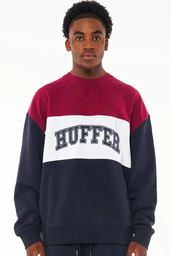 Sweaters & Knitwear-HUFFER PANEL BLOCK CREW - NAVY/CRANBERRY