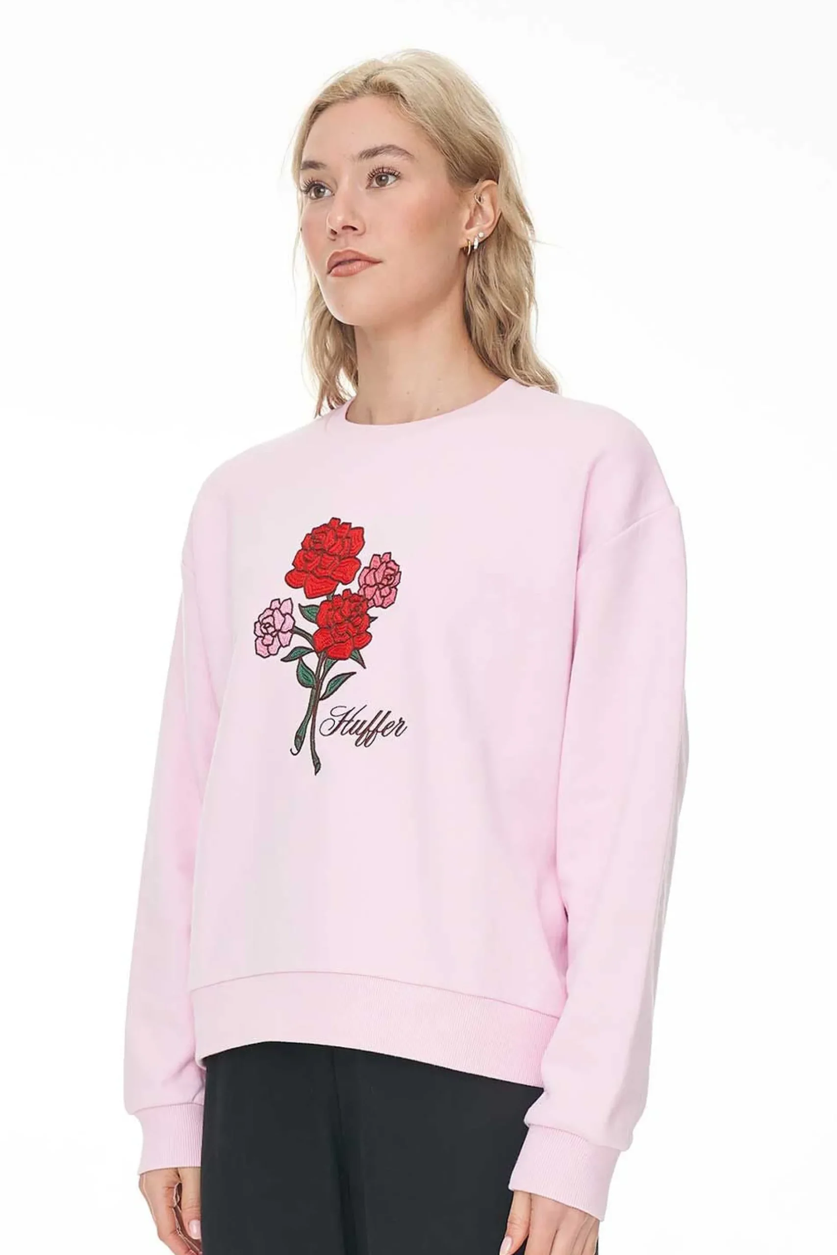 huffer_slouch_crew__rosy__1.webp Sweaters & Knitwear-HUFFER SLOUCH CREW 350 ROSY BUNCH BLOSSOM