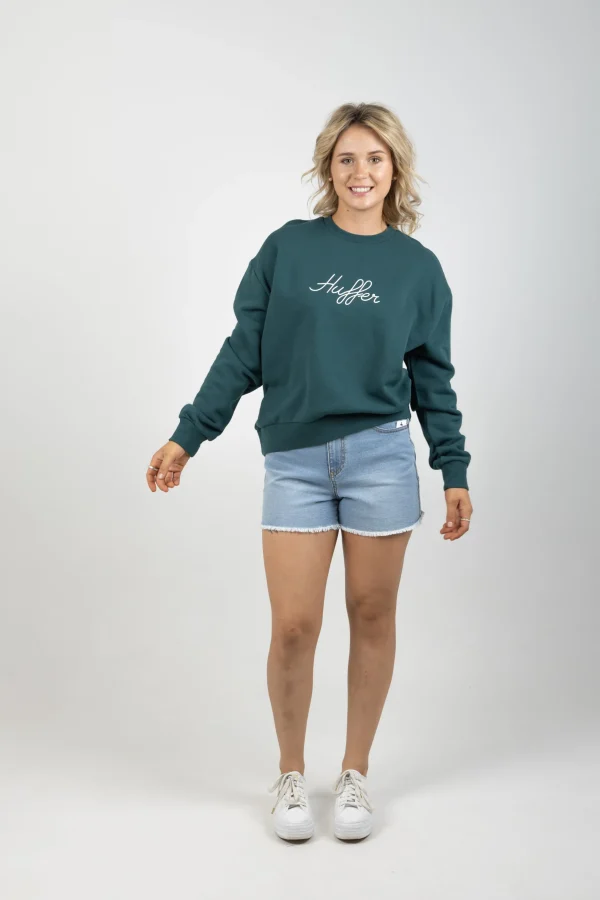 Sweaters & Knitwear-HUFFER SLOUCH CREW SCRIPT EMERALD