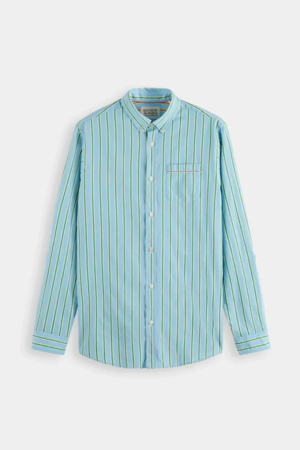 Shirts-SCOTCH & SODA DOBBY STRIPE ROLL UP SHIRT BLUE