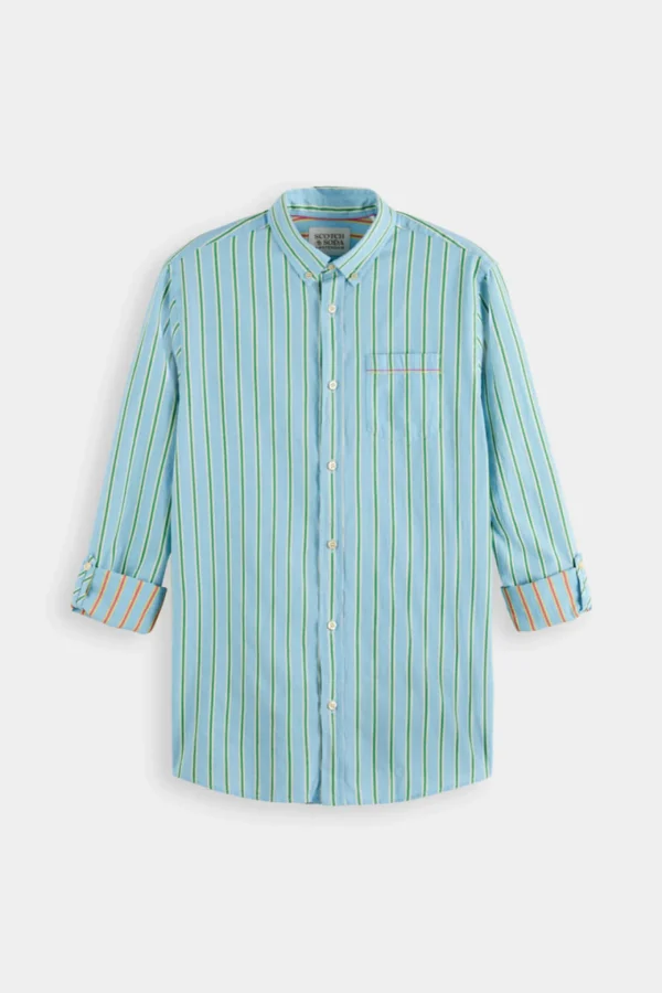Shirts-SCOTCH & SODA DOBBY STRIPE ROLL UP SHIRT BLUE