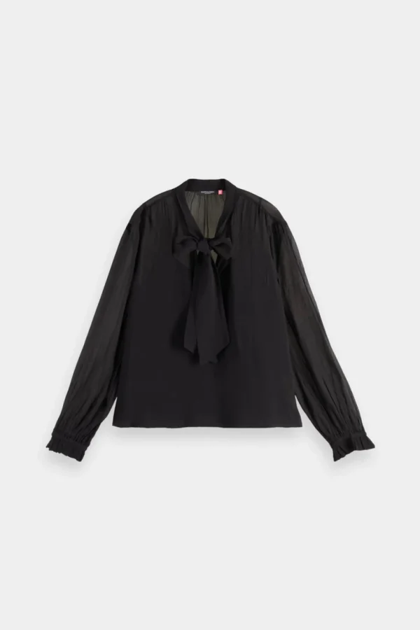 Shirts & Tops-SCOTCH & SODA TIE NECK TOP EVENING BLACK