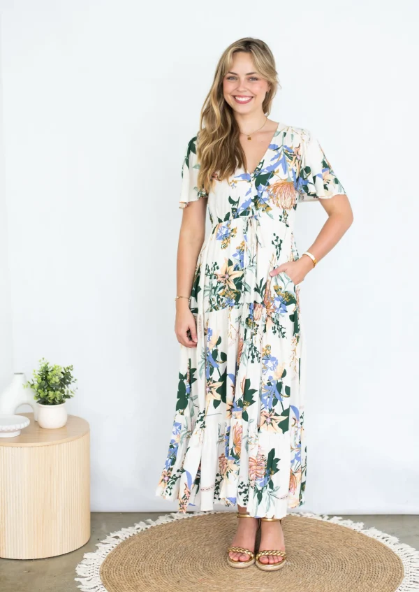 Dresses-SILVER WISHES SELMA MAXI DRESS CREAM FLORAL