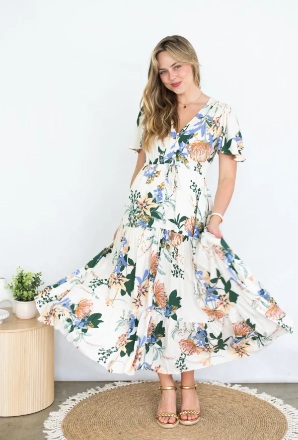 Dresses-SILVER WISHES SELMA MAXI DRESS CREAM FLORAL