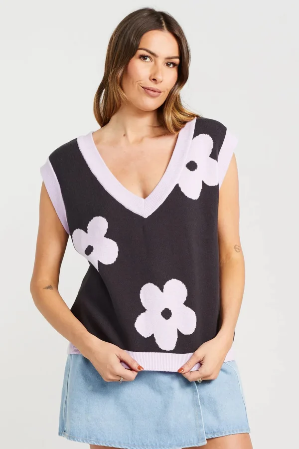 Sweaters & Knitwear-THING THING BLOOM VEST COAL LILAC
