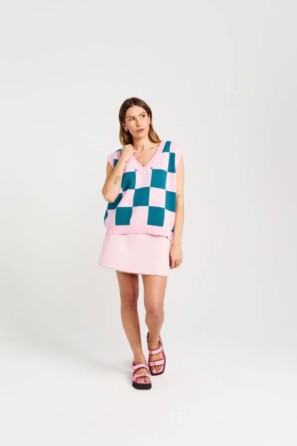 Sweaters & Knitwear-THING THING CHECK IT VEST TEAL CANDY