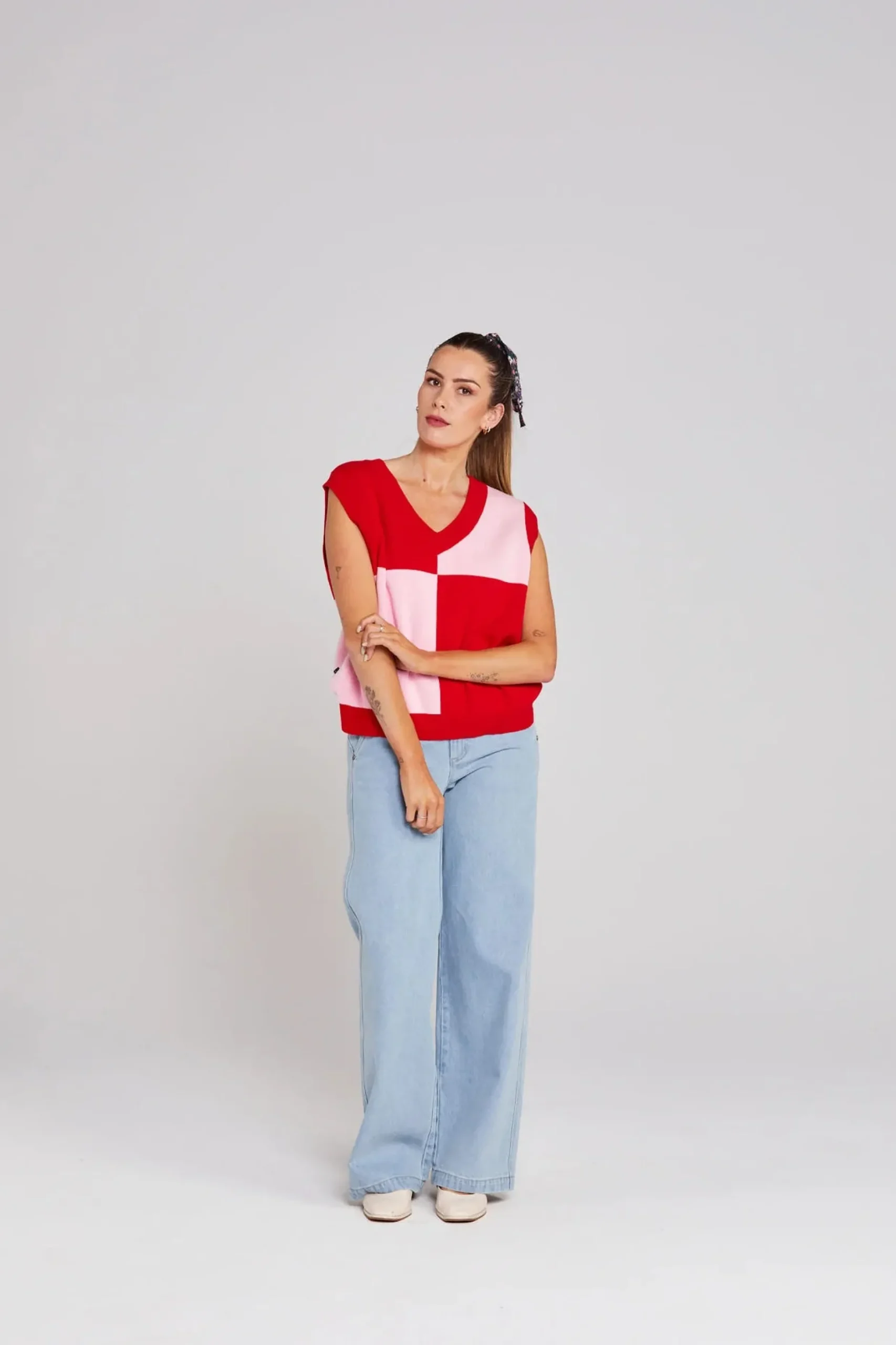 thing_thing_divide_check__0.webp Sweaters & Knitwear-THING THING DIVIDE CHECK VEST PINKY TOMATO