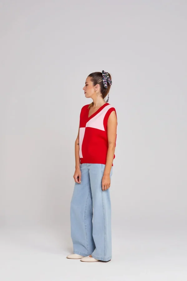 Sweaters & Knitwear-THING THING DIVIDE CHECK VEST PINKY TOMATO