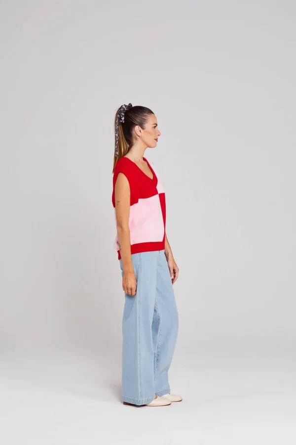 Sweaters & Knitwear-THING THING DIVIDE CHECK VEST PINKY TOMATO